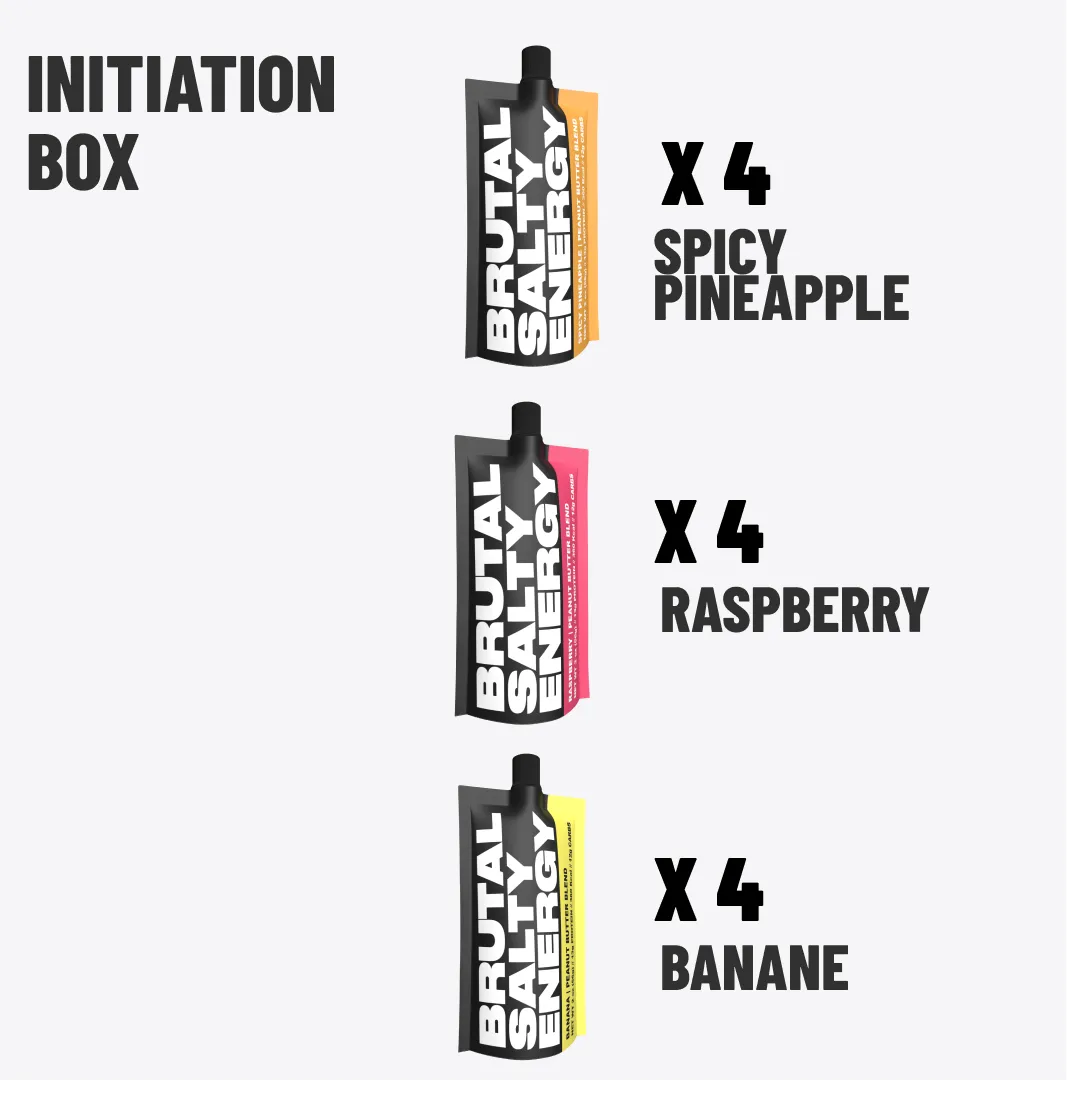 Brutal Salty Energy pouches with flavor options on a white background