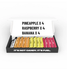 Box of energy bars with flavors Pineapple, Raspberry, and Banana on a white background.